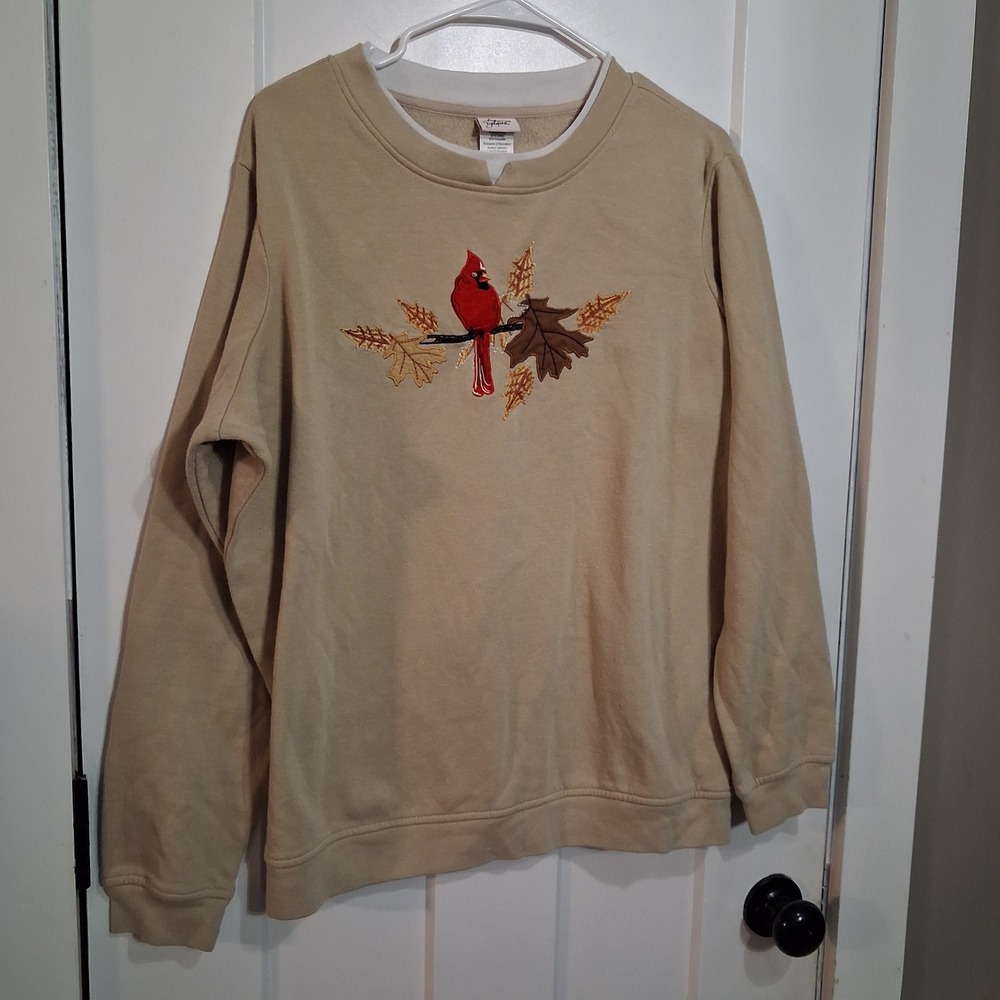 Adrian Delafield Sweatshirt Women XL Tan Cardinal Embroidery Double Collar 90s